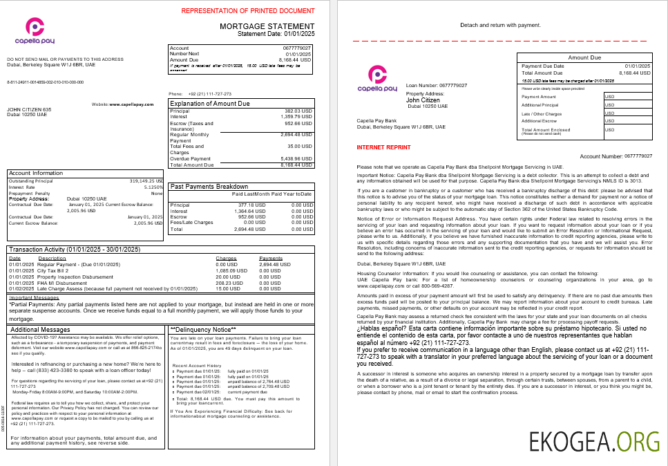 Relevé d'hypothèque bancaire UAE Capella Pay aux formats Word et PDF, 3 pages 1 , 2